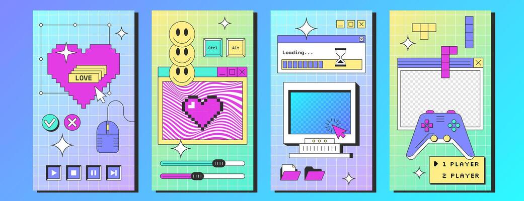 Social media posters template with retro desktop computer interface with buttons, folders, game console, loading bar, message frames. Old pc screen with browser window, stickers in y2k vaporwave style