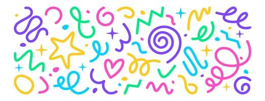 Colorful squiggly lines, abstract squiggles in childish doodle style. Color hand drawn various shapes, strokes, swirl. Freeform set on white background. Trendy drawing for children party celebration. vector