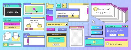 Retro computer interface, digital screen with open software windows, buttons, browser, folder, file, loading progress bar and error icons in trendy y2k style. Vaporwave old desktop pc design elements. vector