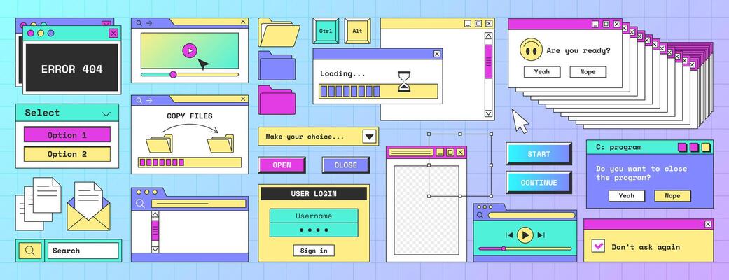 Retro computer interface, digital screen with open software windows, buttons, browser, folder, file, loading progress bar and error icons in trendy y2k style. Vaporwave old desktop pc design elements.