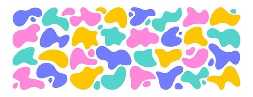 Set of liquid organic shapes, irregular form in vibrant colors. Colorful simple freeform, asymmetric blob. Random deformed abstract figures. Wavy spots or fluid amorphous splodges. Modern uneven blots vector