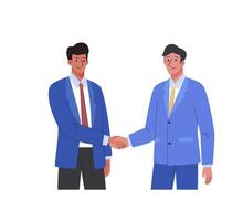 Two male character in suits shaking hands. Business concept of concluding contract, partnership, teamwork. Flat cartoon illustration vector
