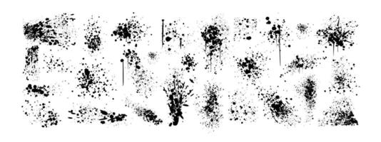 Spray paint drips, inky blots or splashes. Black splatters, graffiti inkblot spots with dusty speckle effect on white background. Paintbrush splotch, ink drop, liquid blob. Dirty grunge splash stains. vector