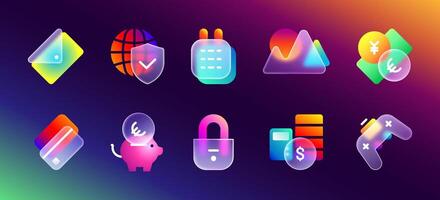 Transparent matte glass morphism ui icons with purple neon gradient. Realistic frosted buttons with glassmorphism blur effect. set of piggy bank, envelope, calendar, gamepad, lock for website. vector