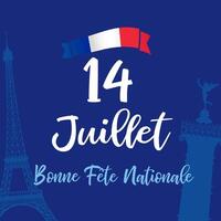 Happy National Day congrats. Bastille Day greeting card with Eiffel tower and Colonne de Juillet. Digital illustration. vector