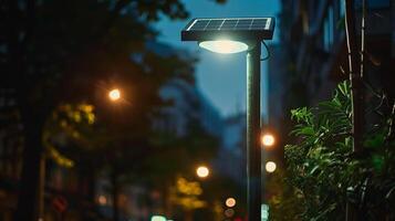 street lamp with solar panels on the street in the night with blur background photo