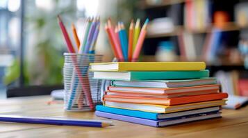 stack of colorful books with pencils on study desk with blur background photo