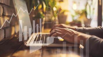 businessman hand with laptop computer for analyzing financial data for maximum return photo