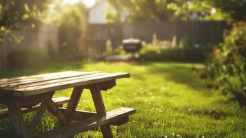 wooden bench in backyard with blur background photo