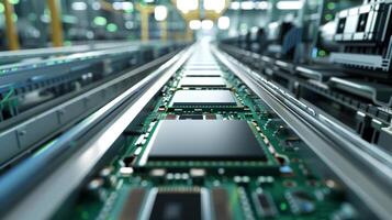 blurred computer chip on conveyor in hi tech factory photo