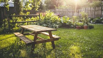 empty wooden table on backyard lawn with sunlight photo