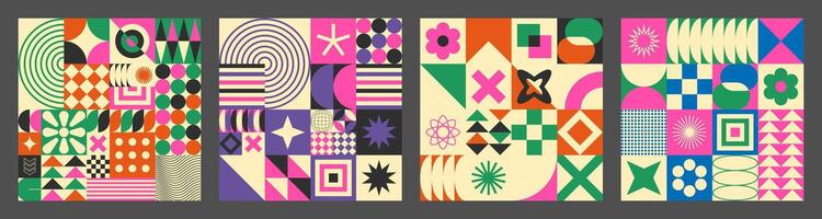 Abstract simple geometric seamless pattern with figure, form, shapes, circle and lines in Bauhaus style. Vibrant grunge geometry brutalism y2k 2000s print. Modern collage illustration vector
