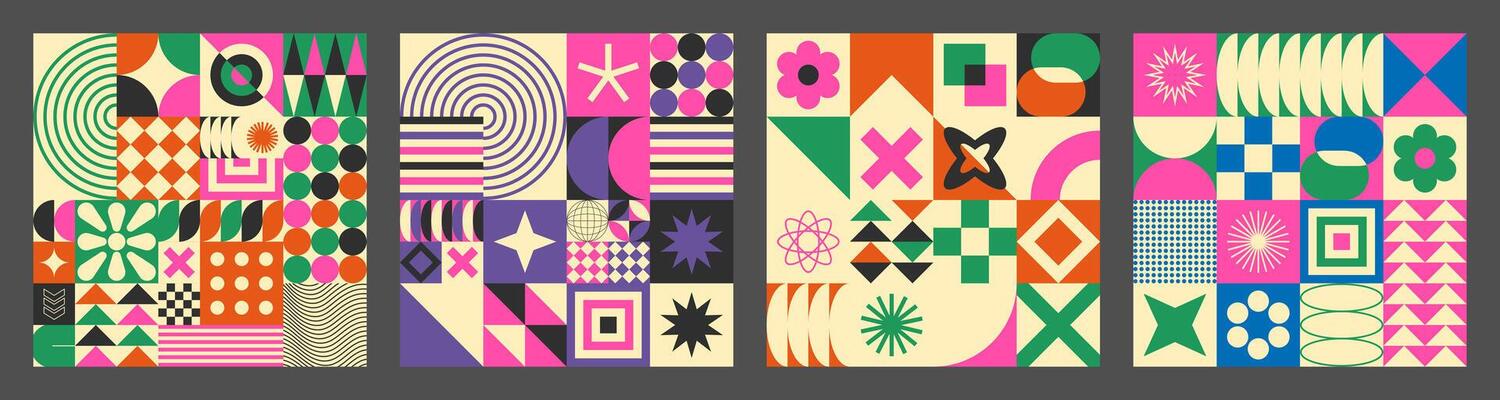 Abstract simple geometric seamless pattern with figure, form, shapes, circle and lines in Bauhaus style. Vibrant grunge geometry brutalism y2k 2000s print. Modern collage illustration