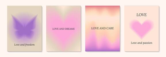 Aesthetic abstract gentle gradient background with ispiration and motivation quotes and phrases posters on blurred pattern. Modern print for social media stories, album covers, banners, templates vector