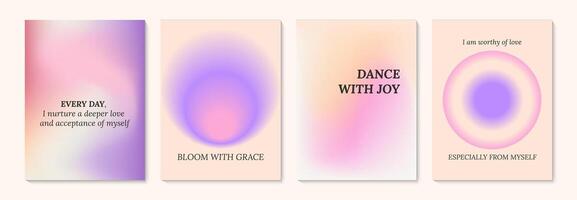 Aesthetic abstract gentle gradient background with ispiration and motivation quotes and phrases posters on blurred pattern. Modern print for social media stories, album covers, banners, templates vector