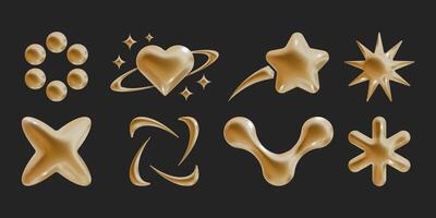 Set of Y2k geometric 3D render gold shapes trendy retro futuristic design elements, infographic shapes. Modern concept with symbols and objects, star, heart illustration for UI and UX vector