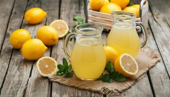 Fresh lemonade in glass jugs on a wooden table surrounded by lemon slices photo