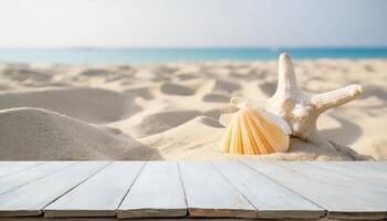 Wooden white background for product presentation with a sandy beach, shells in the background. photo
