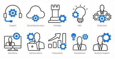 A set of 10 business and office icons as support, cloud maintenance, strategy vector