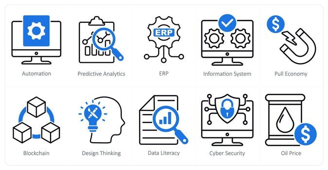 A Set of 10 Industrial icons as automation, predictive analytics, erp vector