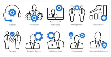 A set of 10 business and office icons as support, production, workforce vector