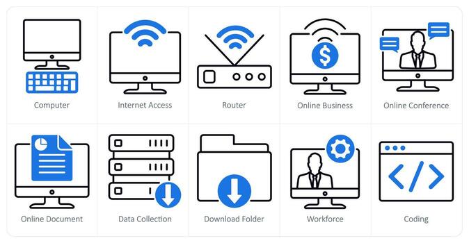 A set of 10 business and office icons as computer, internet access, router vector