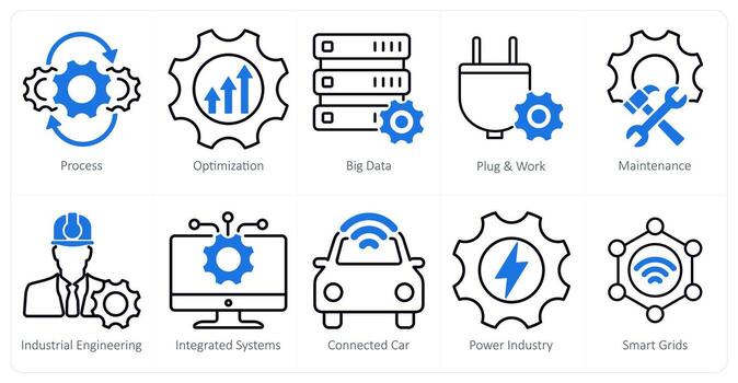 A Set of 10 Industrial icons as process, optimization, big data vector