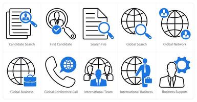 A set of 10 business and office icons as candidate search, find candidate, search file vector