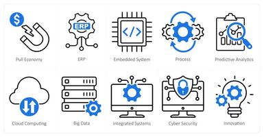 A Set of 10 Industrial icons as pull economy, erp, embedded system vector
