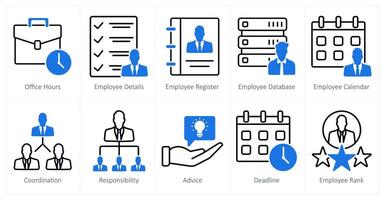 A set of 10 business and office icons as office hours, employee details, employee register vector