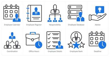 A set of 10 business and office icons as employee calendar, employee register, responsibility vector