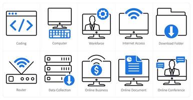A set of 10 business and office icons as coding, computer, workforce vector