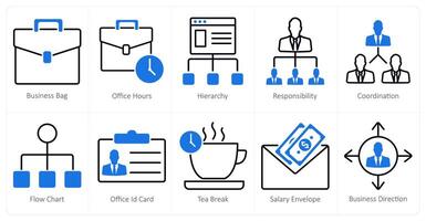 A set of 10 business and office icons as business bag, office hours, hierarchy vector