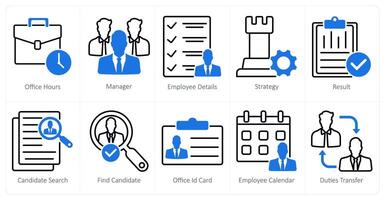 A set of 10 business and office icons as office hours, manager, employee details vector