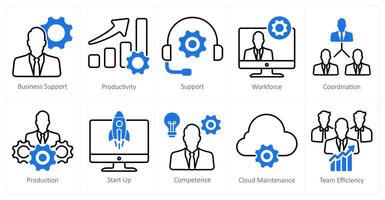 A set of 10 business and office icons as business support, productivity, support vector