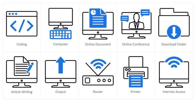 A set of 10 business and office icons as coding, computer, online document vector