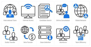 A set of 10 business and office icons as international team, internet access, candidate search vector