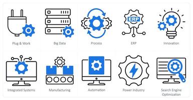 A Set of 10 Industrial icons as plug and work, big data, process vector
