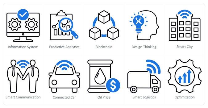 A Set of 10 Industrial icons as information system, predictive analytics, blockchain vector