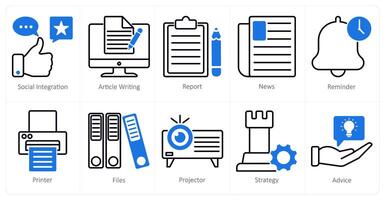 A set of 10 business and office icons as social integration, article wiritng, report vector