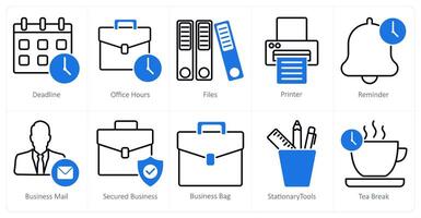 A set of 10 business and office icons as deadline, office hours, files vector