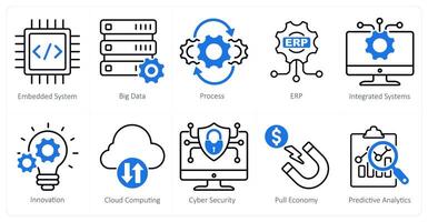 A Set of 10 Industrial icons as embedded system, big data, process vector