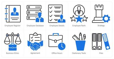 A set of 10 business and office icons as employee register, employee database, employee details vector