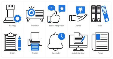 A set of 10 business and office icons as strategy, projector, social integration vector