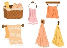 Bath towels illustrations set. Clean towels bundle isolated on white background. Domestic hygiene accessories, stacked rolled and hanging colorful hand towels. Household objects collection. vector