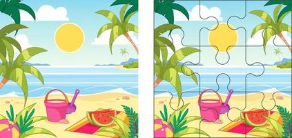 Summer beach background with sea, palm trees and sand toys. template for children's puzzles with outline for clipping vector