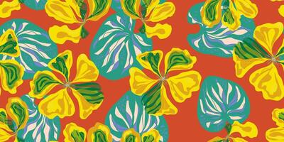 a pattern with yellow and green leaves on an orange background vector