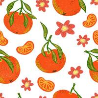 orange seamless pattern with oranges and flowers vector