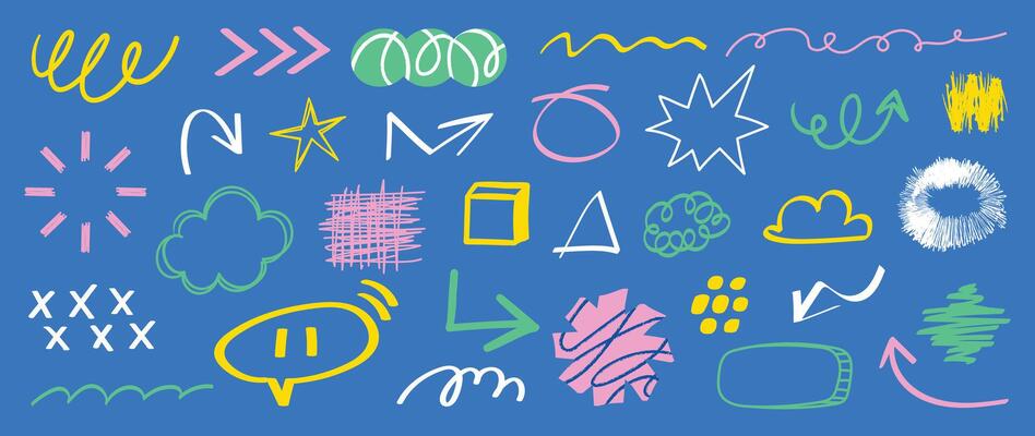 Set of cute pen line doodle element . Hand drawn doodle collection of arrow, scribble, speech bubble, mark, cloud, star. Design for print, cartoon, card, decoration, sticker.