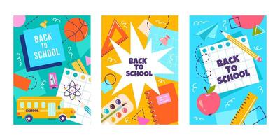 Posters set in doodle style with geometric shapes, design elements on school themes. Back to school, education concept vector